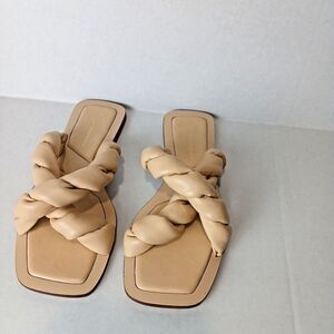 Anthropologie Twisted Puffed Slides Sandles Tan Square Toe Leather SZ 6M